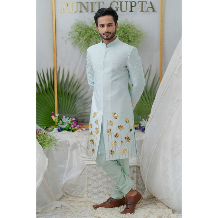 Runit Gupta Aayan Lotus Powder Blue Embroidered Sherwani Kurta with Pyjama (Set of 3)