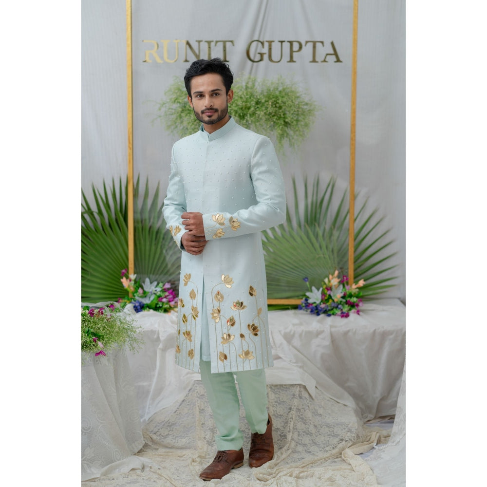 Runit Gupta Aayan Lotus Powder Blue Embroidered Sherwani Kurta with Pyjama (Set of 3)