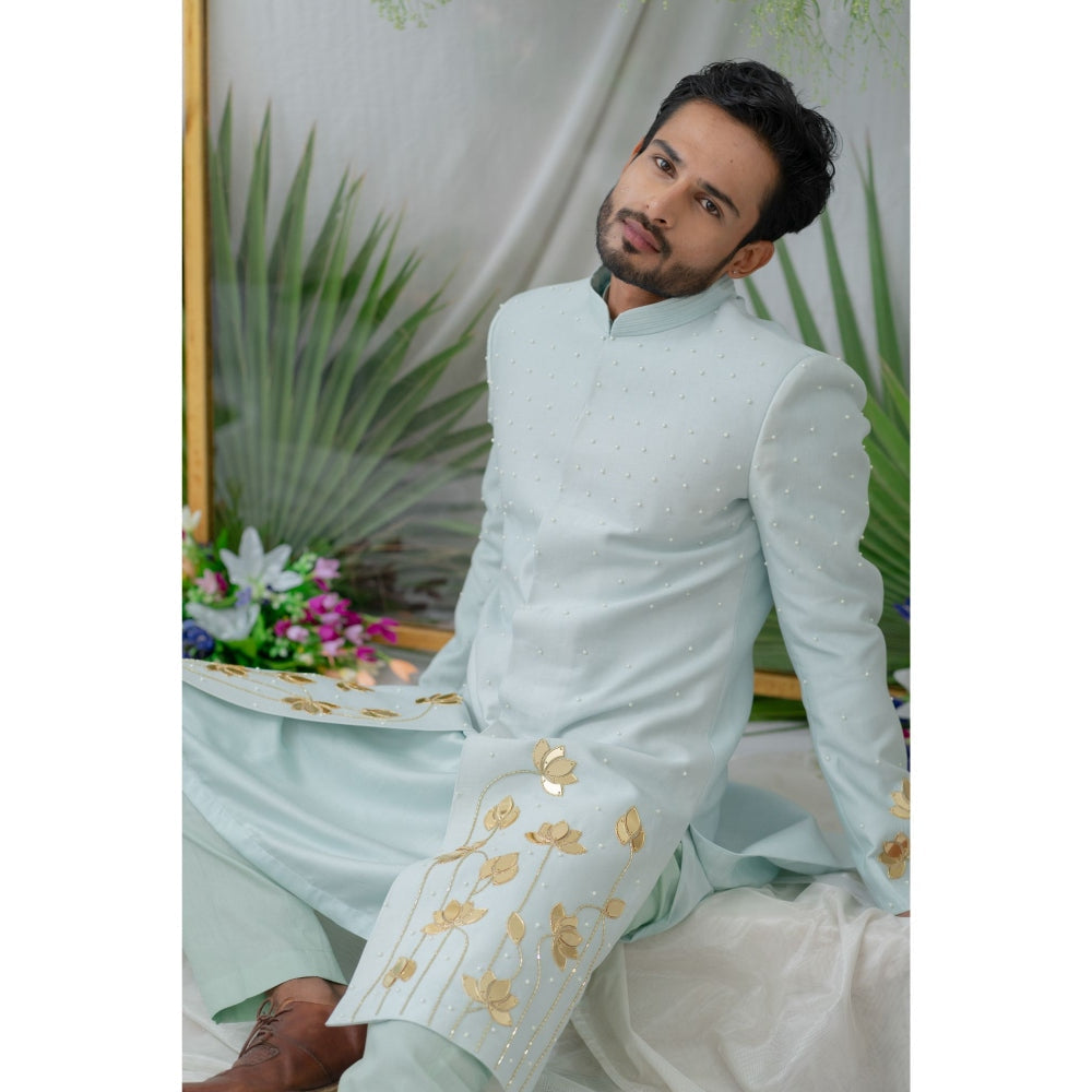 Runit Gupta Aayan Lotus Powder Blue Embroidered Sherwani Kurta with Pyjama (Set of 3)