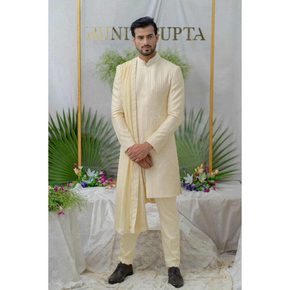 Runit Gupta Kian Cream Embroidered Sherwani Kurta with Pyjama (Set of 3)