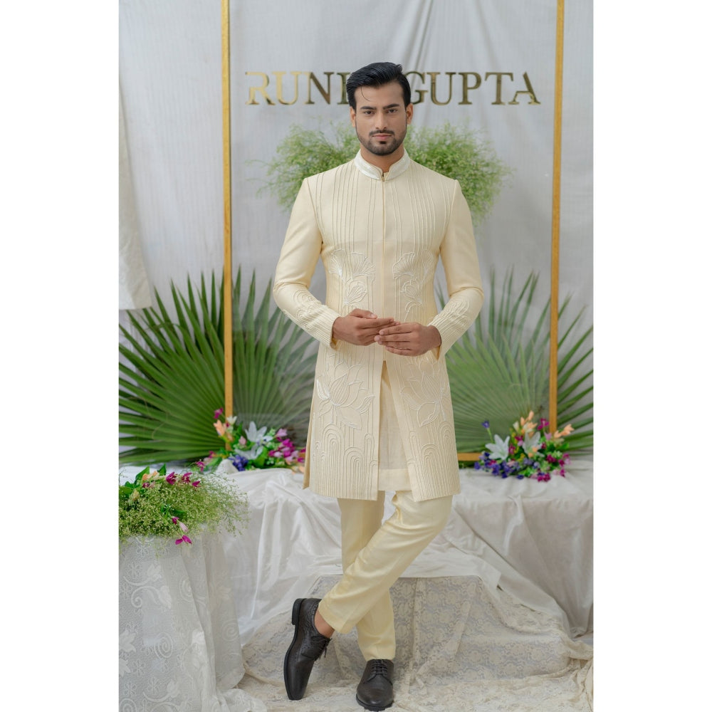 Runit Gupta Kian Cream Embroidered Sherwani Kurta with Pyjama (Set of 3)