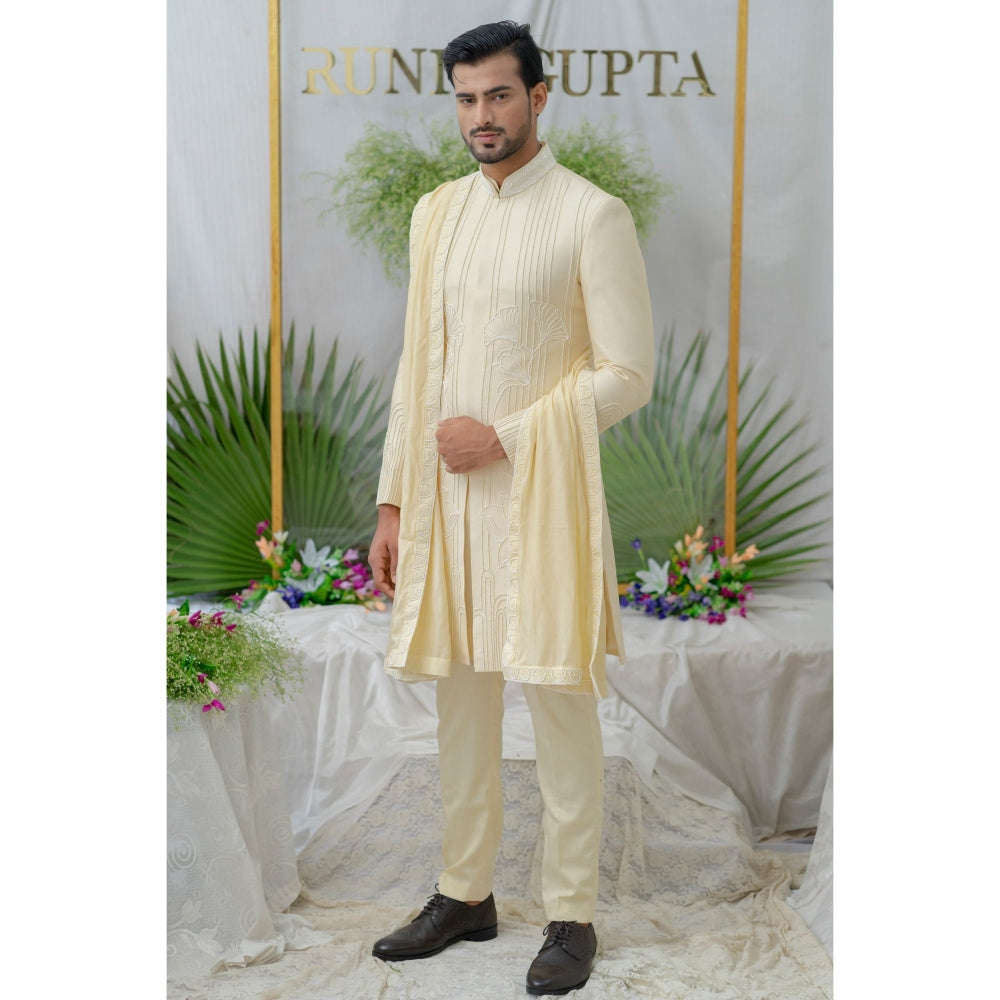 Runit Gupta Kian Cream Embroidered Sherwani Kurta with Pyjama (Set of 3)