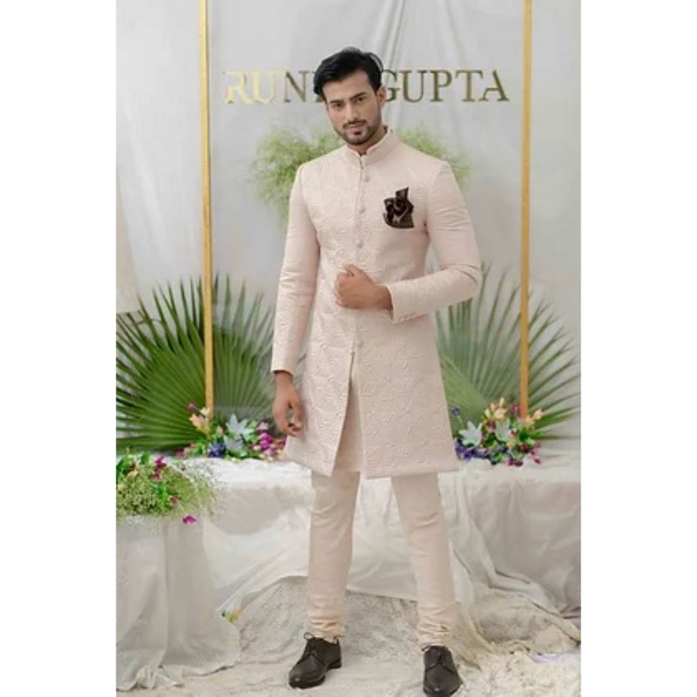 Runit Gupta Navab Dusty Pink Quilted Sherwani Kurta with Churidar (Set of 3)