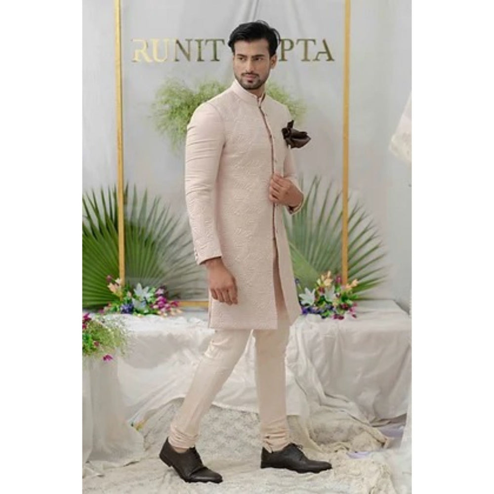 Runit Gupta Navab Dusty Pink Quilted Sherwani Kurta with Churidar (Set of 3)