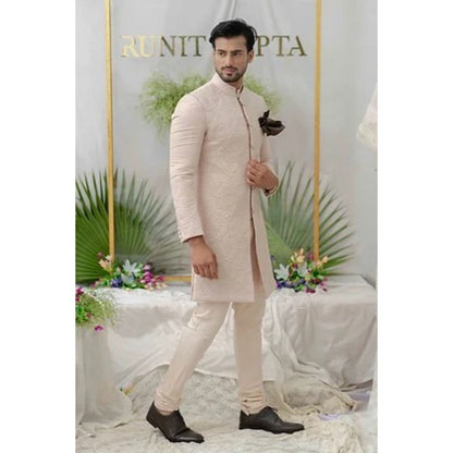 Runit Gupta Navab Dusty Pink Quilted Sherwani Kurta with Churidar (Set of 3)