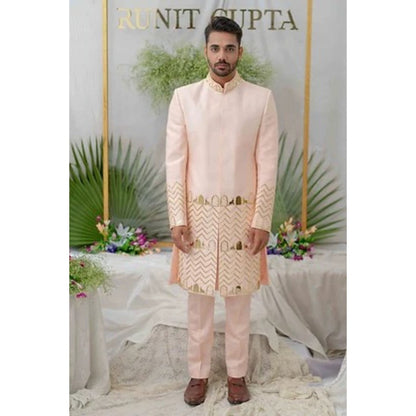 Runit Gupta Zain Pink Embroidered Sherwani Kurta with Pyjama (Set of 3)