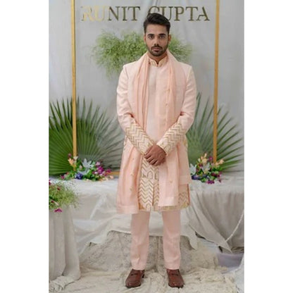 Runit Gupta Zain Pink Embroidered Sherwani Kurta with Pyjama (Set of 3)