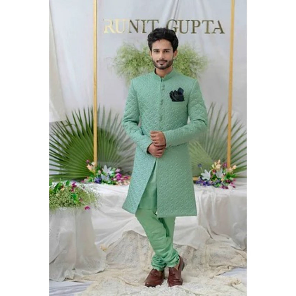 Runit Gupta Kunwar Dusty Sea Green Foam Quilted Sherwani Kurta with Churidar (Set of 3)