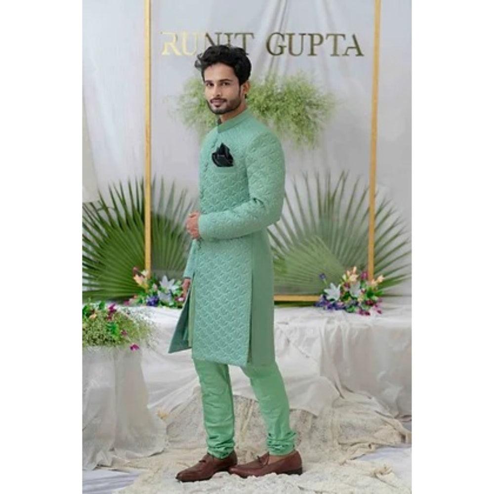 Runit Gupta Kunwar Dusty Sea Green Foam Quilted Sherwani Kurta with Churidar (Set of 3)