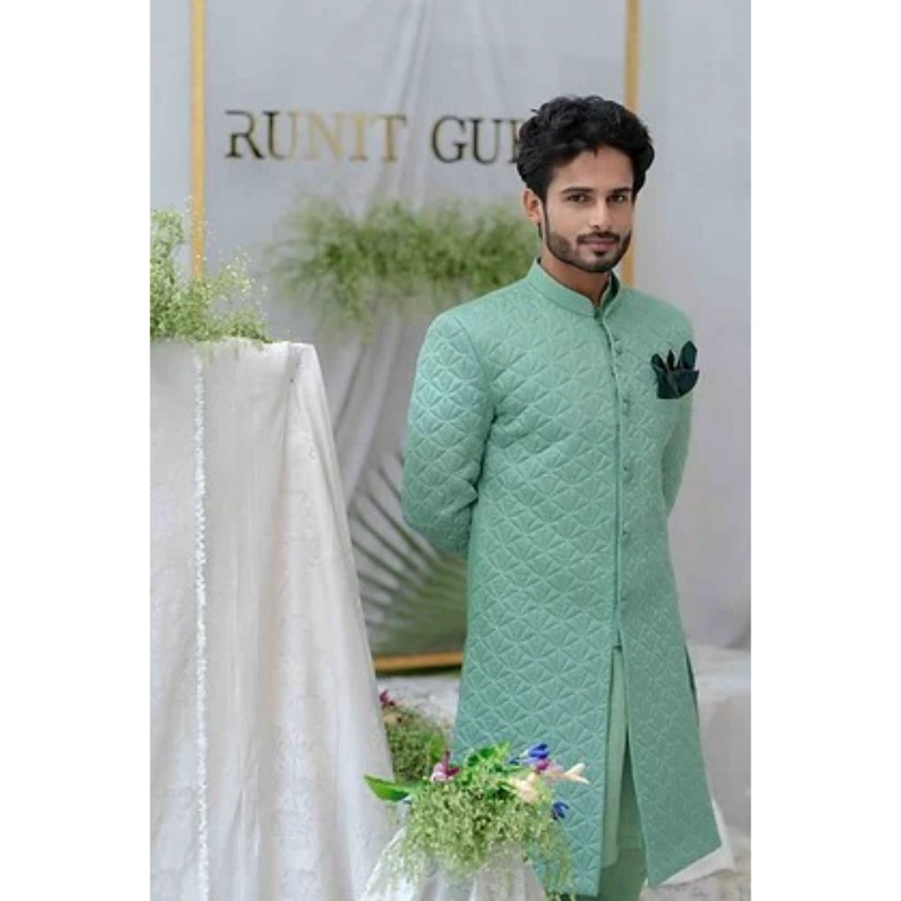 Runit Gupta Kunwar Dusty Sea Green Foam Quilted Sherwani Kurta with Churidar (Set of 3)