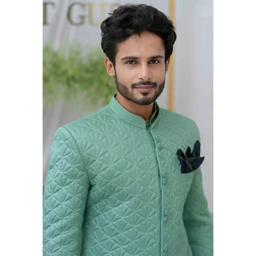 Runit Gupta Kunwar Dusty Sea Green Foam Quilted Sherwani Kurta with Churidar (Set of 3)