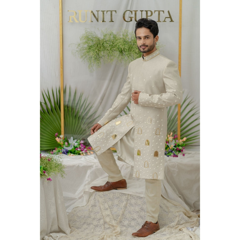 Runit Gupta Raag Grey Embroidered Sherwani Kurta with Pyjama (Set of 3)