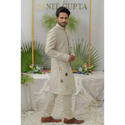Runit Gupta Raag Grey Embroidered Sherwani Kurta with Pyjama (Set of 3)