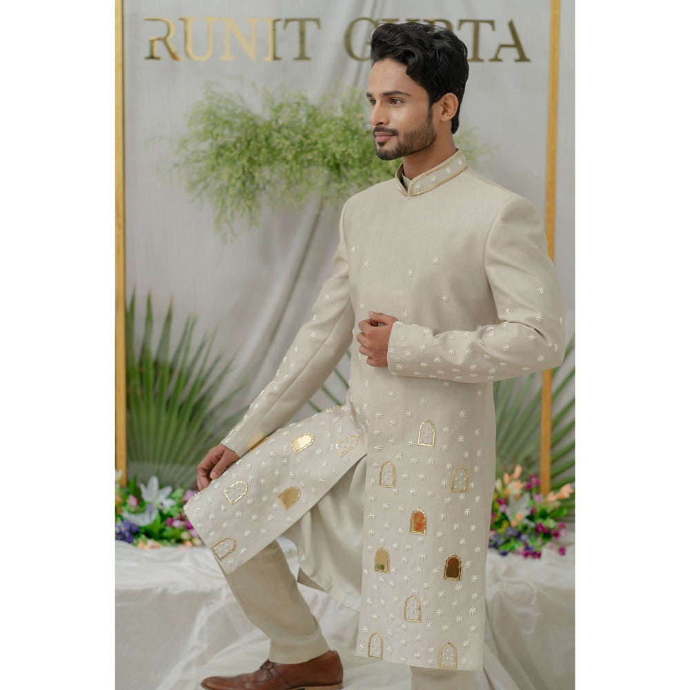 Runit Gupta Raag Grey Embroidered Sherwani Kurta with Pyjama (Set of 3)