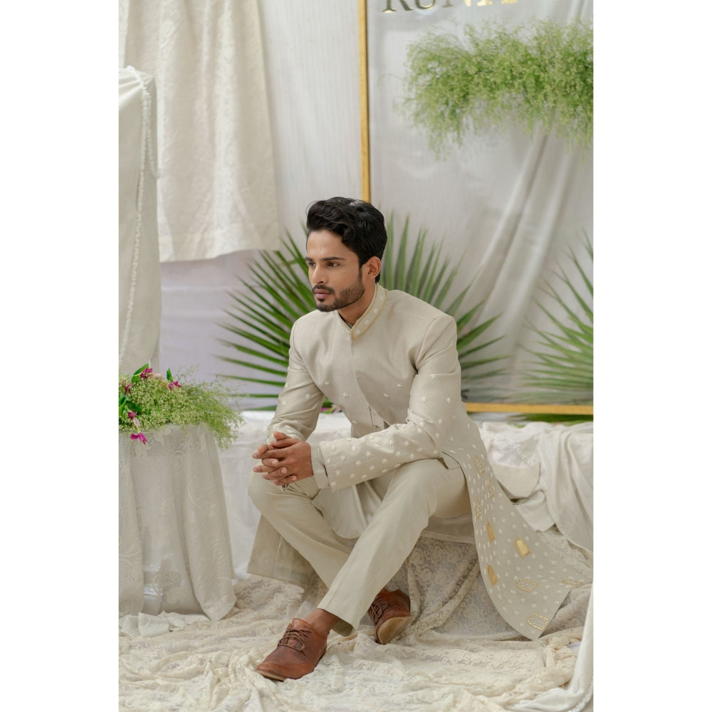 Runit Gupta Raag Grey Embroidered Sherwani Kurta with Pyjama (Set of 3)