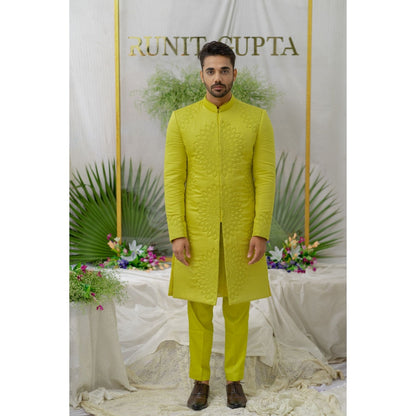 Runit Gupta Yuvaan Fresh Green Quilted Sherwani Kurta with Pyjama (Set of 3)