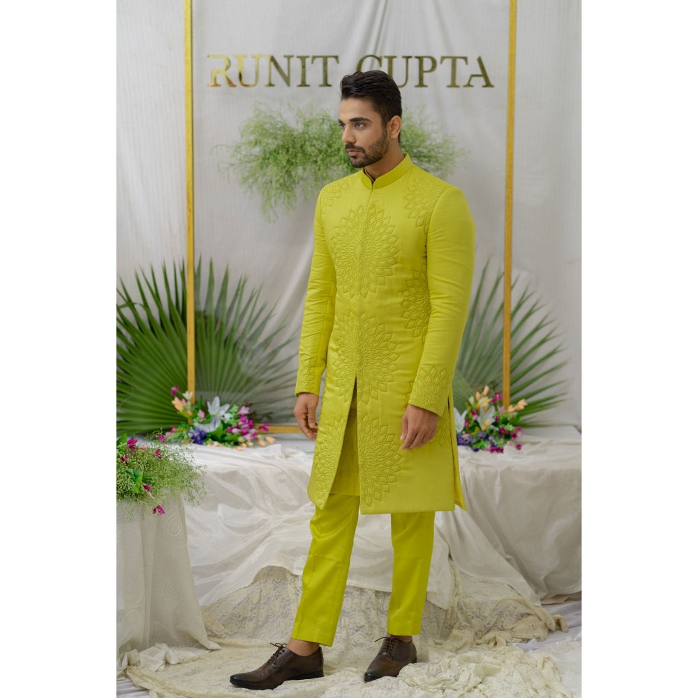 Runit Gupta Yuvaan Fresh Green Quilted Sherwani Kurta with Pyjama (Set of 3)