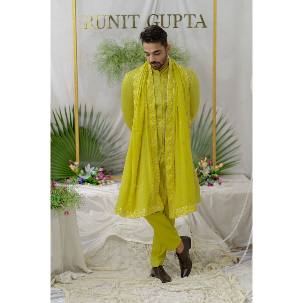 Runit Gupta Yuvaan Fresh Green Quilted Sherwani Kurta with Pyjama (Set of 3)