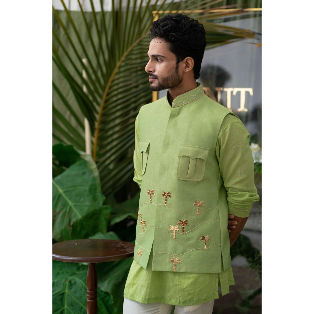 Runit Gupta Moss Lime Green Palm Tree Embroidered Bundi