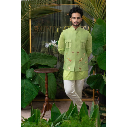 Runit Gupta Moss Lime Green Palm Tree Embroidered Bundi