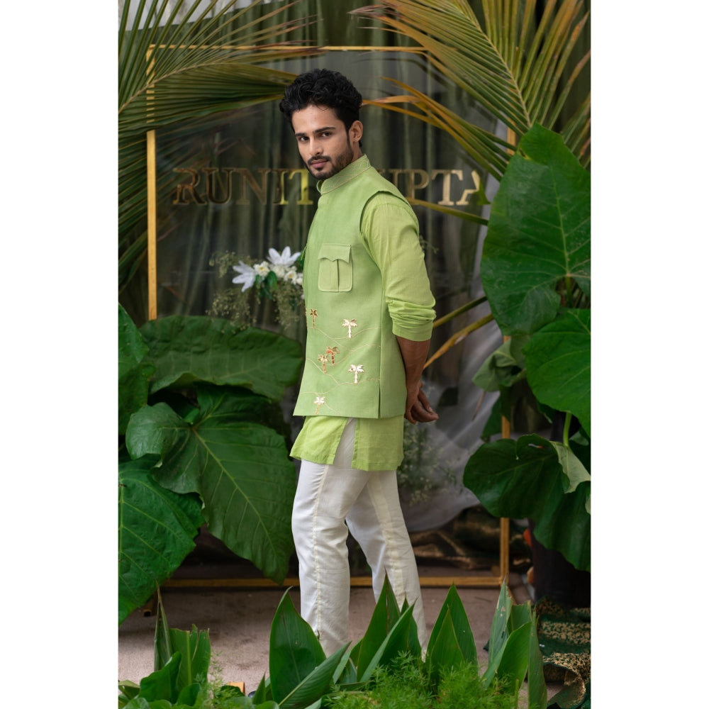 Runit Gupta Moss Lime Green Palm Tree Embroidered Bundi