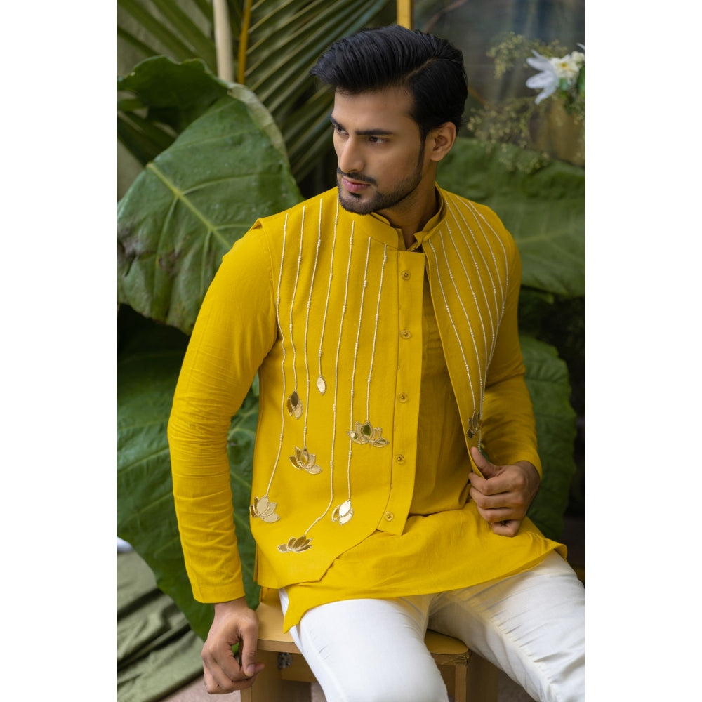 Runit Gupta Marigold Lotus Yellow Embroidered Bundi