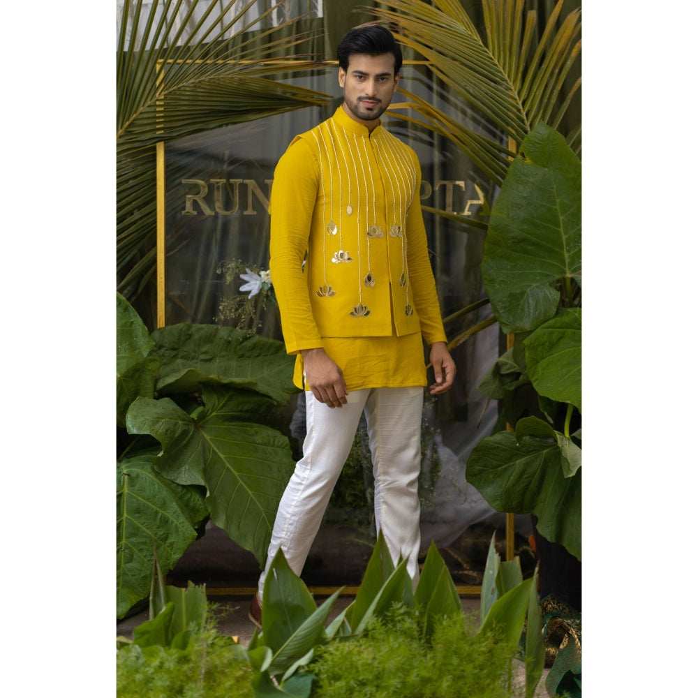 Runit Gupta Marigold Lotus Yellow Embroidered Bundi