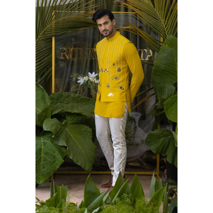 Runit Gupta Marigold Lotus Yellow Embroidered Bundi