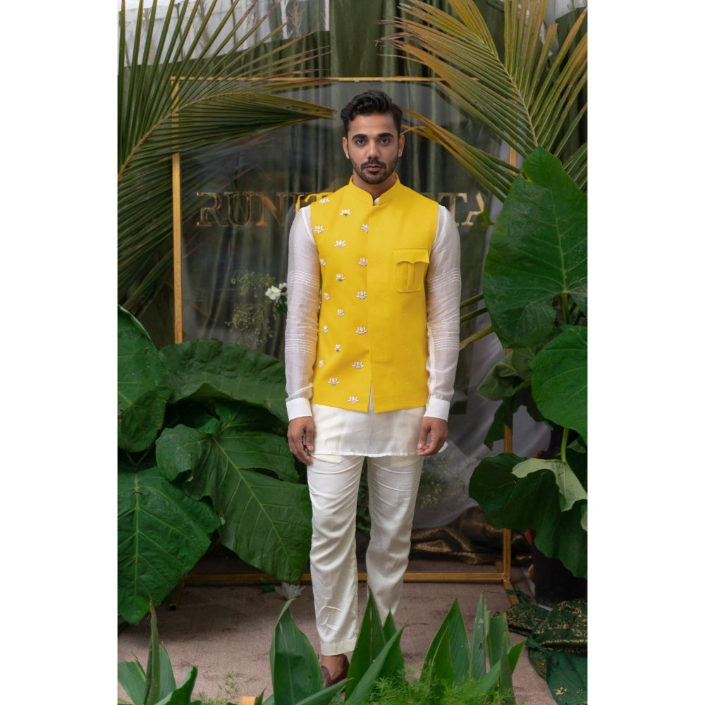 Runit Gupta Yellow Lotus Patch Pocket Embroidered Bundi