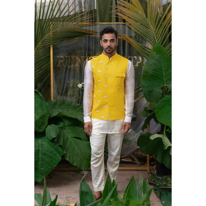 Runit Gupta Yellow Lotus Patch Pocket Embroidered Bundi