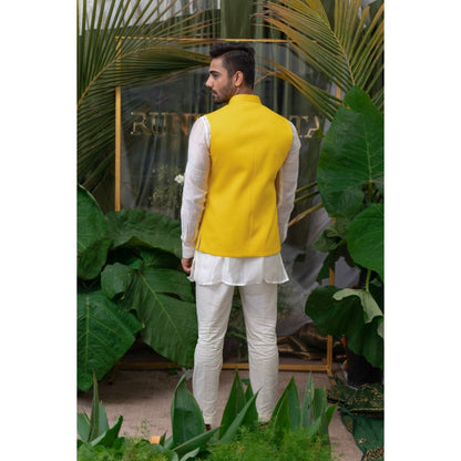 Runit Gupta Yellow Lotus Patch Pocket Embroidered Bundi