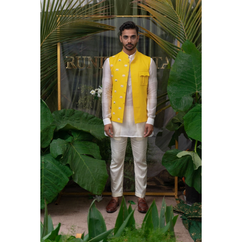 Runit Gupta Yellow Lotus Patch Pocket Embroidered Bundi