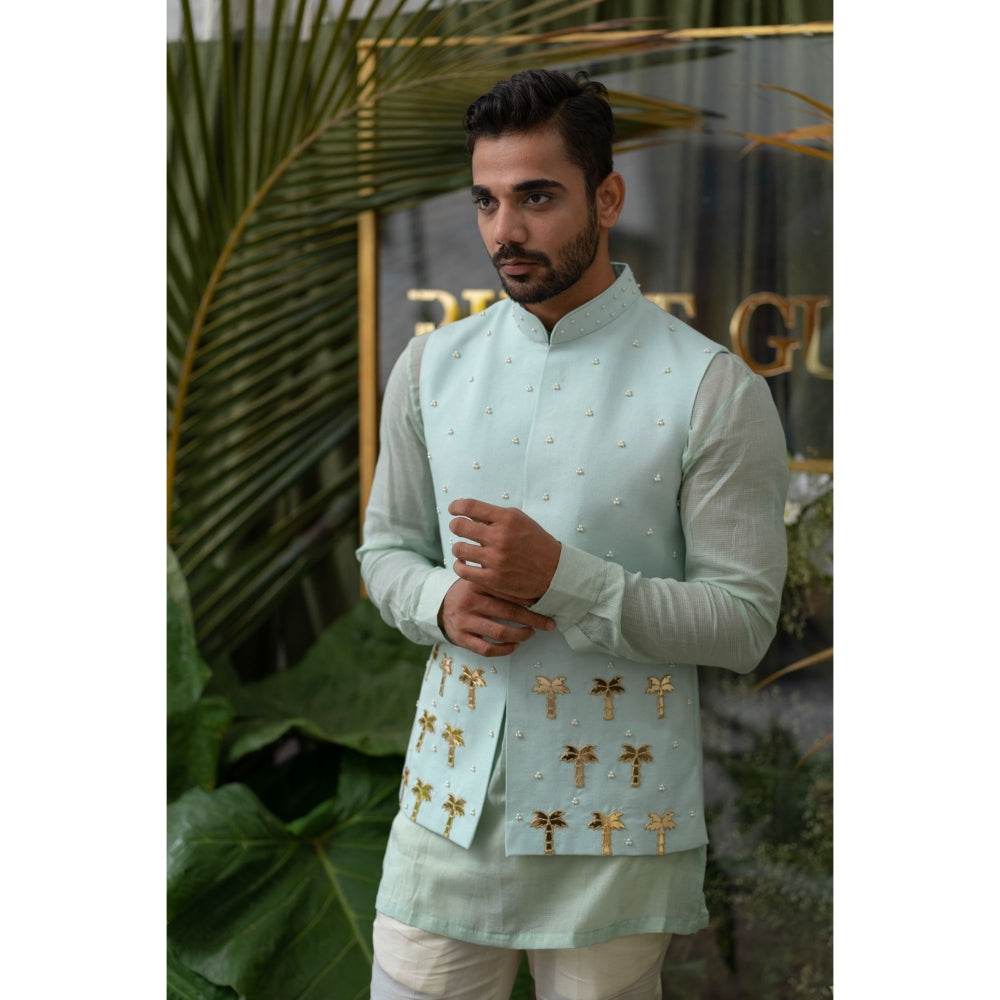 Runit Gupta Blue Exotic Palm Tree Embroidered Bundi