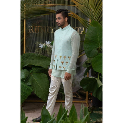 Runit Gupta Blue Exotic Palm Tree Embroidered Bundi