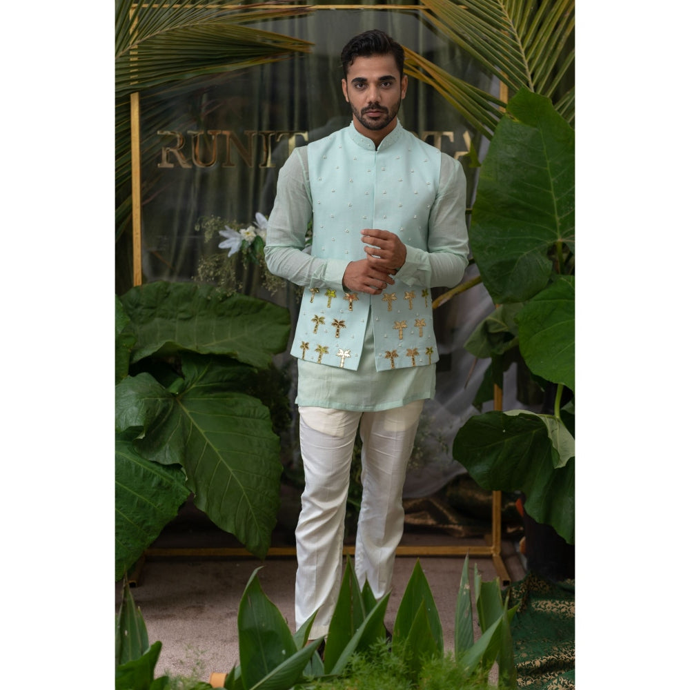 Runit Gupta Blue Exotic Palm Tree Embroidered Bundi