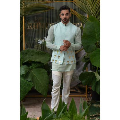 Runit Gupta Blue Exotic Palm Tree Embroidered Bundi