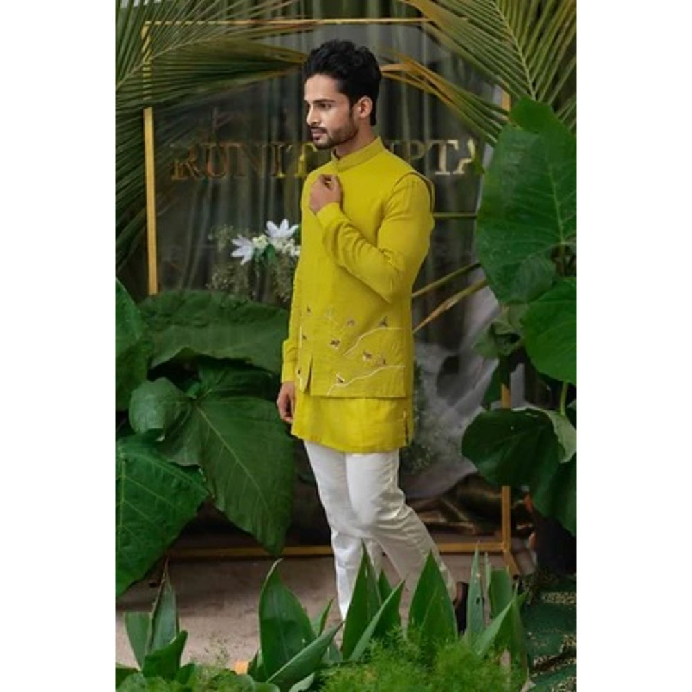 Runit Gupta Green Contour Elephant Embroidered Bundi