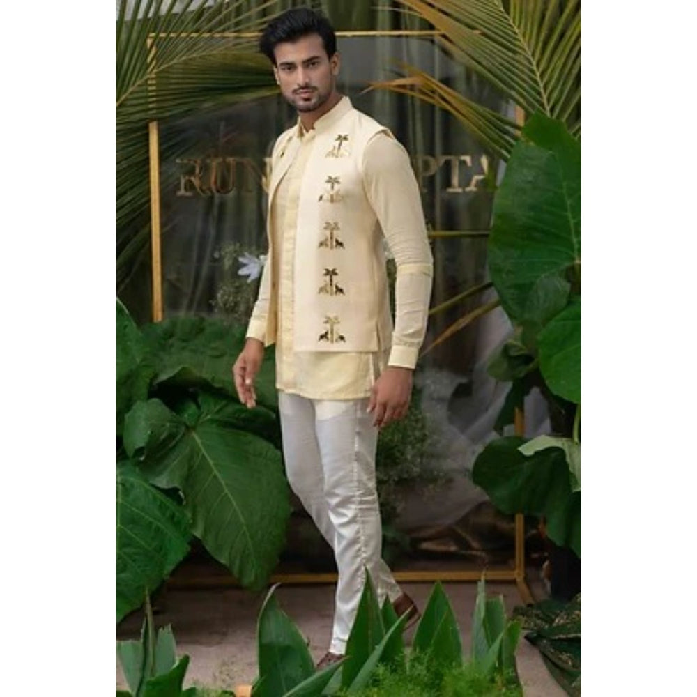 Runit Gupta Cream Palm-Elephant Embroidered Bundi