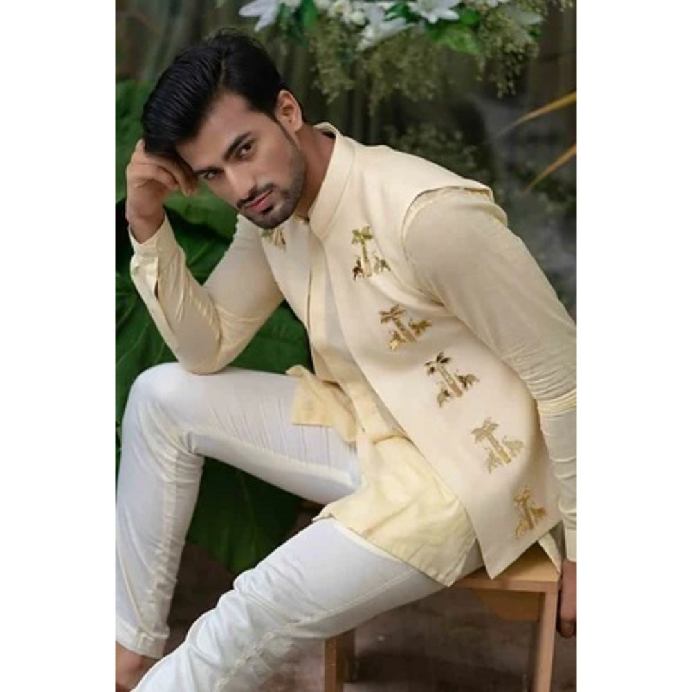 Runit Gupta Cream Palm-Elephant Embroidered Bundi