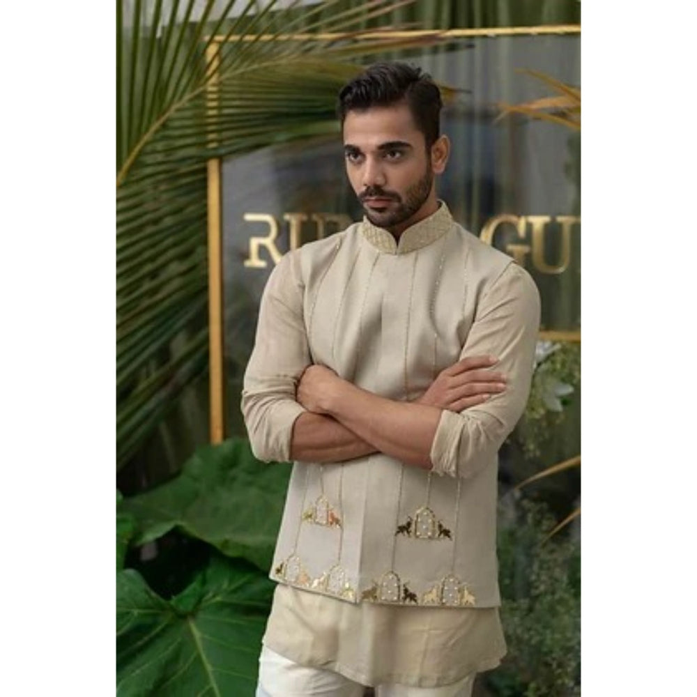 Runit Gupta Warm Grey Khidki Elephant Embroidered Bundi