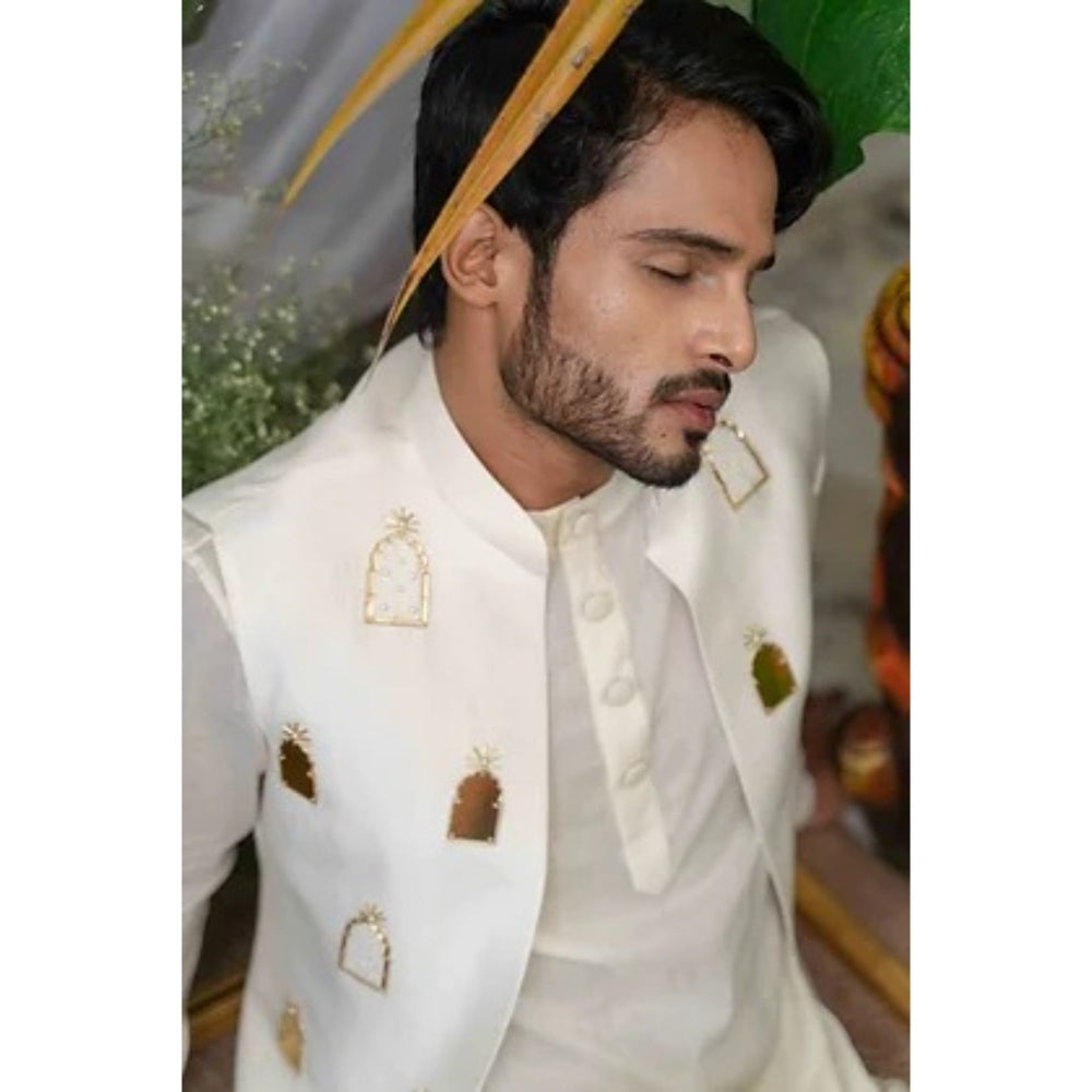 Runit Gupta Off White and Gold Khidki Embroidered Bundi