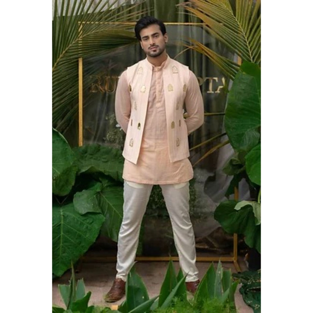 Runit Gupta Blush Pink and Bold Gold Khidki Embroidered Bundi