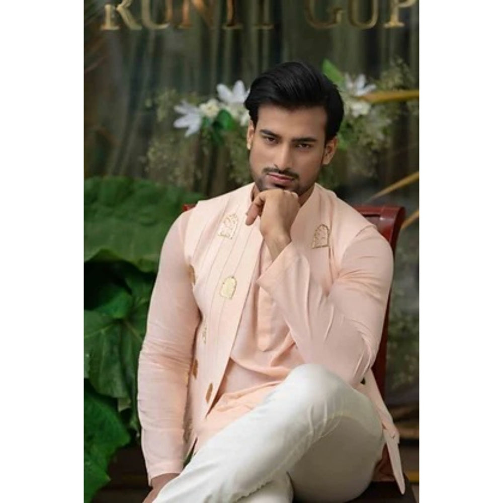 Runit Gupta Blush Pink and Bold Gold Khidki Embroidered Bundi