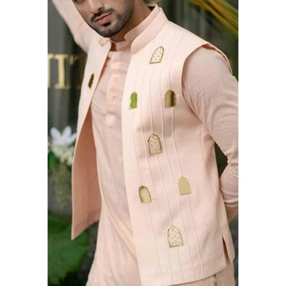 Runit Gupta Blush Pink and Bold Gold Khidki Embroidered Bundi