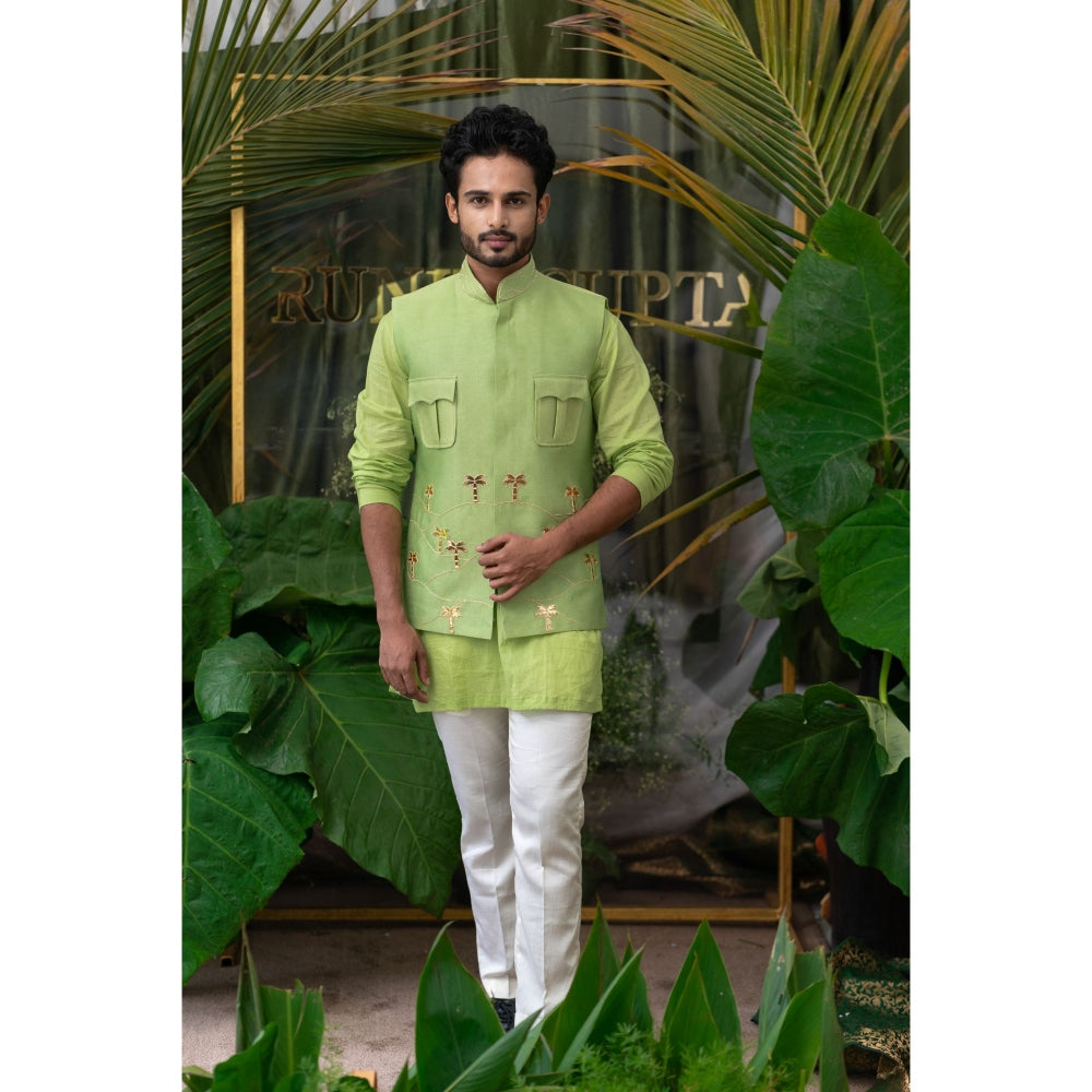 Runit Gupta Moss Lime Green and White Kurta with Pyjama (Set of 2)