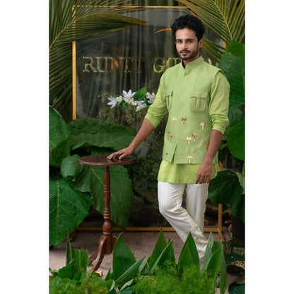 Runit Gupta Moss Lime Green and White Kurta with Pyjama (Set of 2)