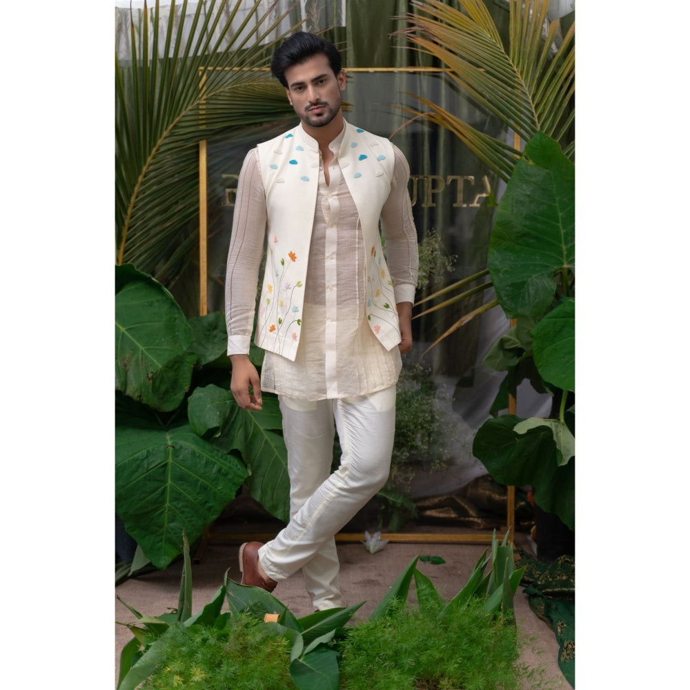 Runit Gupta Off White Placement Pleated Kurta with Pyjama (Set of 2)