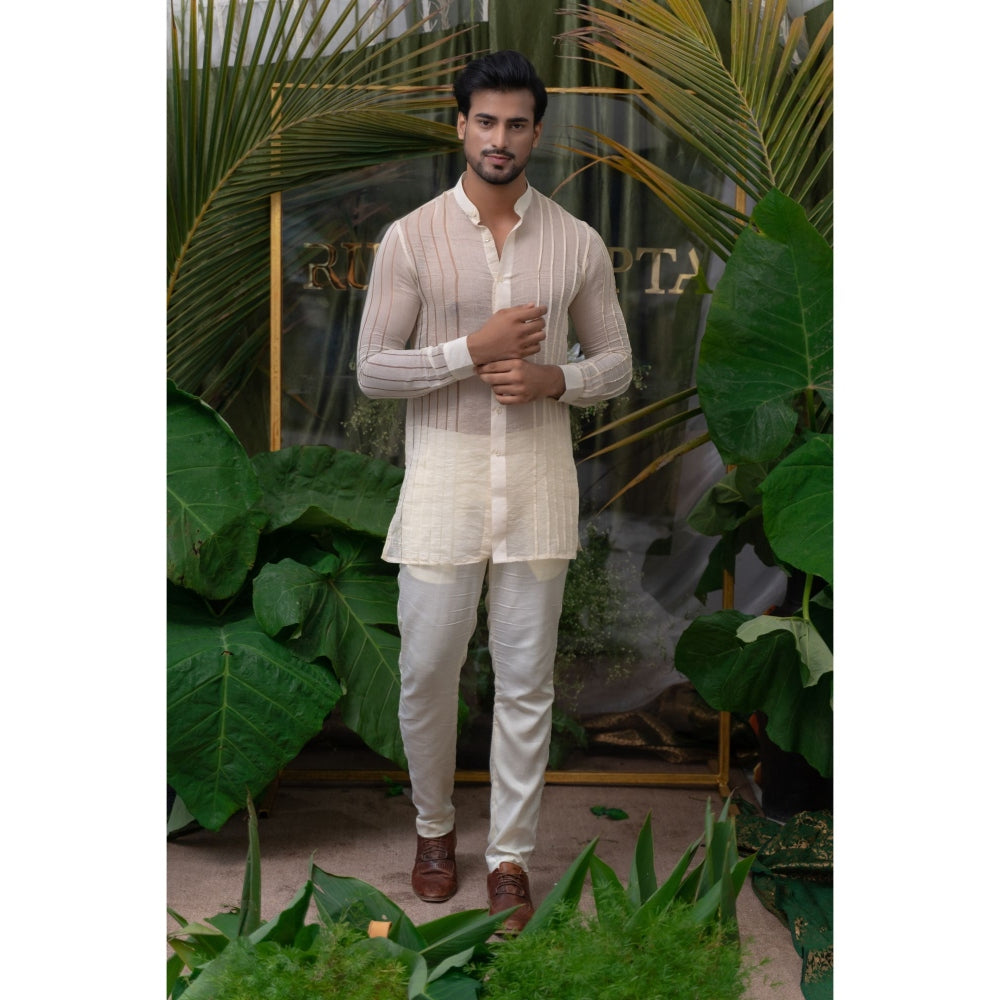 Runit Gupta Off White Placement Pleated Kurta with Pyjama (Set of 2)