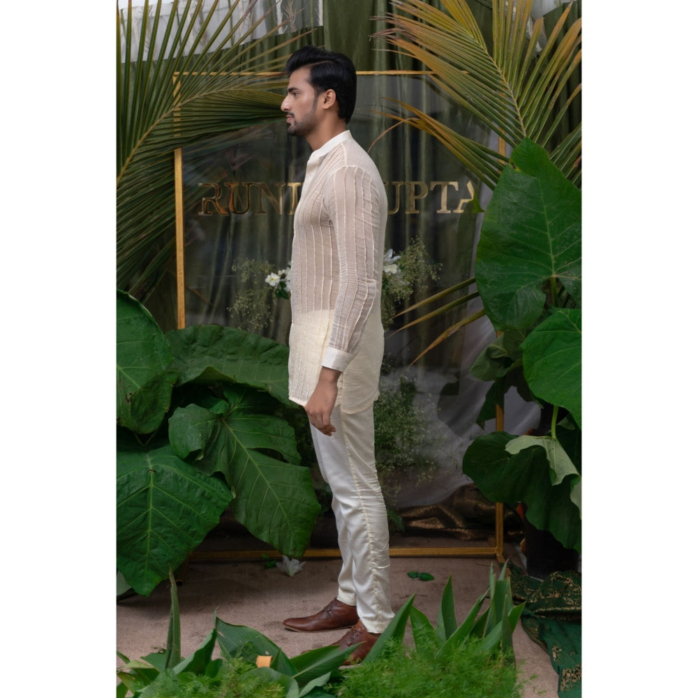 Runit Gupta Off White Placement Pleated Kurta with Pyjama (Set of 2)