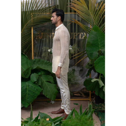 Runit Gupta Off White Placement Pleated Kurta with Pyjama (Set of 2)